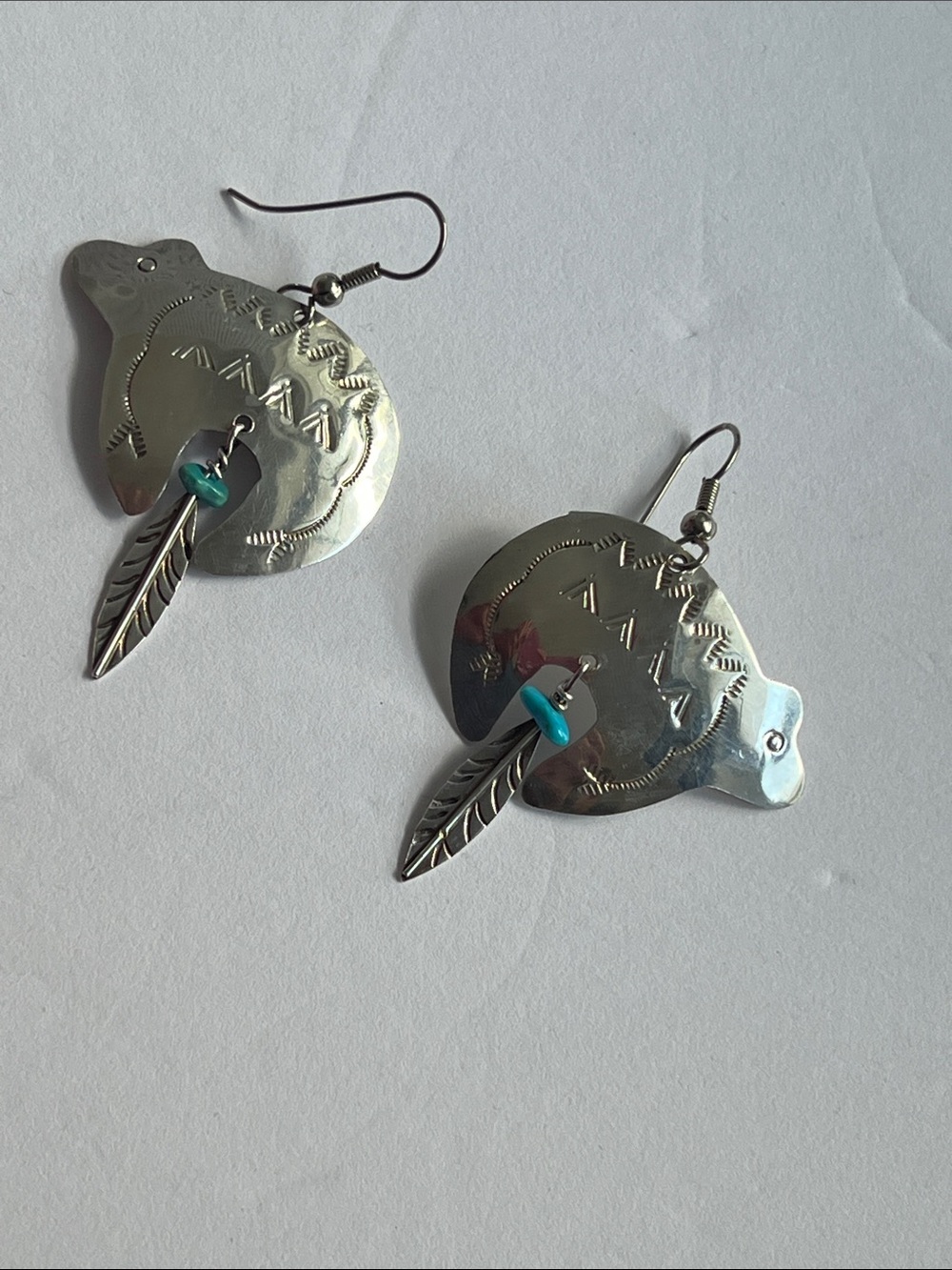 Silver Bear Feather Earrings with Turquoise Beads - Women Jewelry - Picture 5 of 5